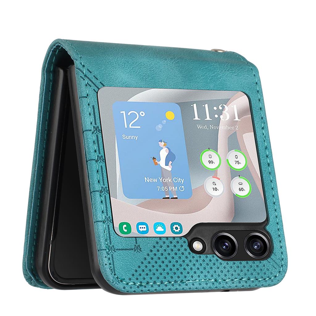For Samsung Galaxy Z Flip5 5G Leather Wallet Case Butterfly Flower Imprinted Phone Cover with Strap