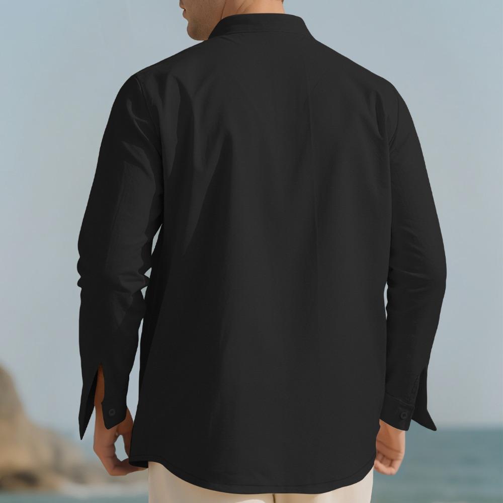 Pánské bavlněné lněné tričko s dlouhým rukávem Tenký volný top Retro Vintage Módní městské oblečení Stojatý střih Mládežnická velikost