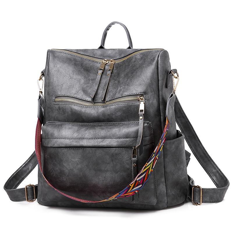 Retro High Capacity Women's Backpacks High Quality PU Leather Waterproof Ladies Shoulders Bag Fashionable Widened Shoulder Strap Girl Female Rucksacks