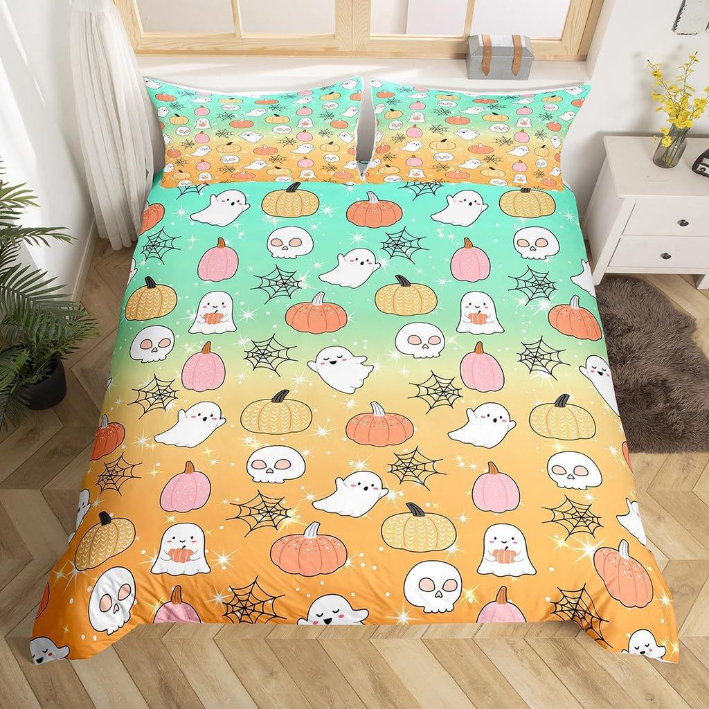 Digital Printing Three-Piece Kit Quilt Cover Pillowcase Cute Ghost Pumpkin Lantern Bedding