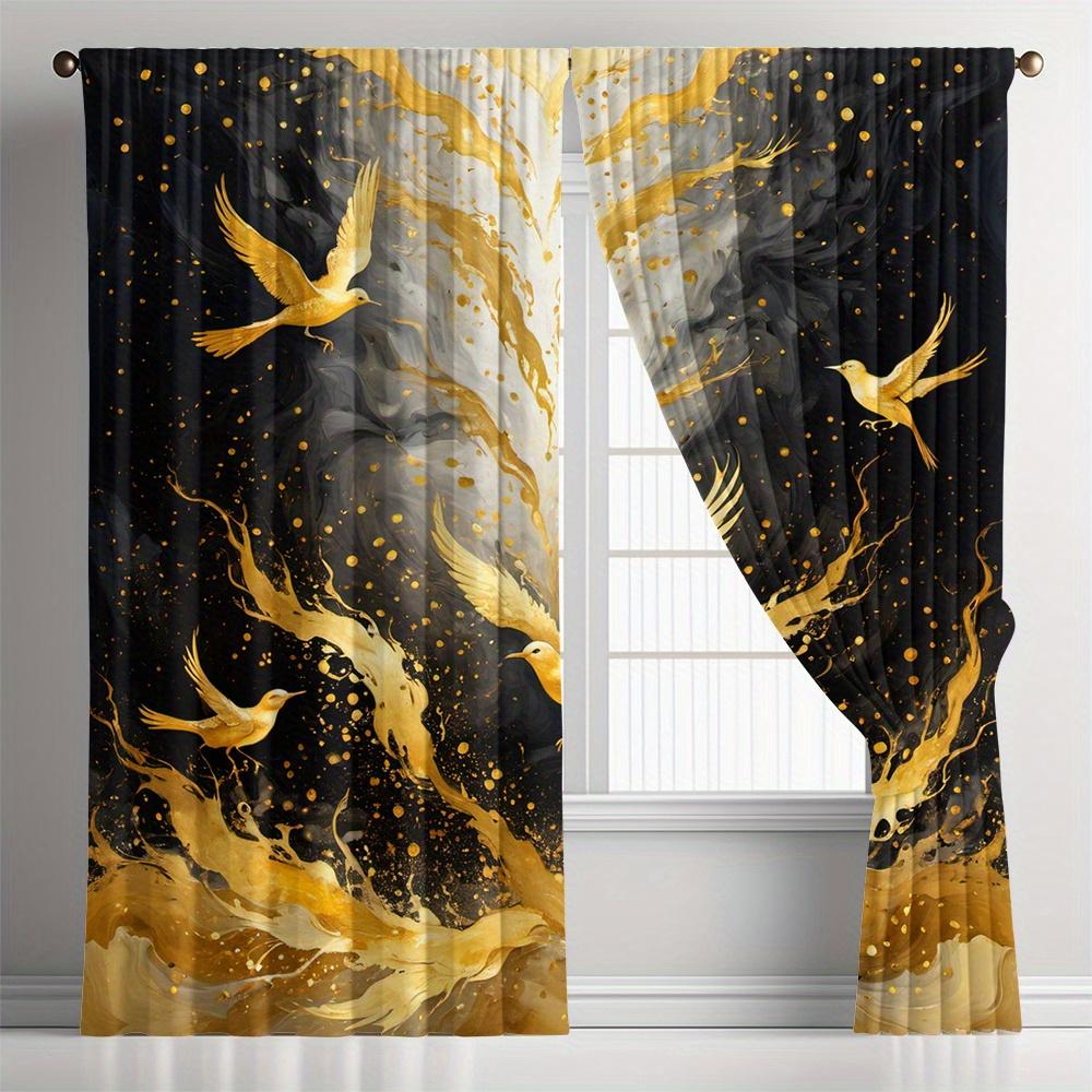 Set of 2 Golden Bird Patterned Curtains, Featuring a Modern Artistic Style with Rod Pockets, Suitable for Home Decoration in