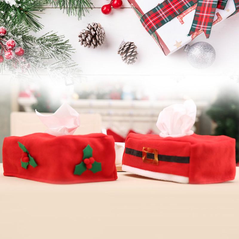 Christmas Tissue Box Cover Red Berries Leaves Belt Napkin Holder Case Decor Xmas