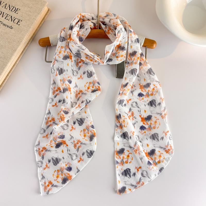 Korean Long Scarves Plaid Floral Print Lightweight Lace Mesh Scarf Versatile Neck Accessory Hair Scarf Neckerchief