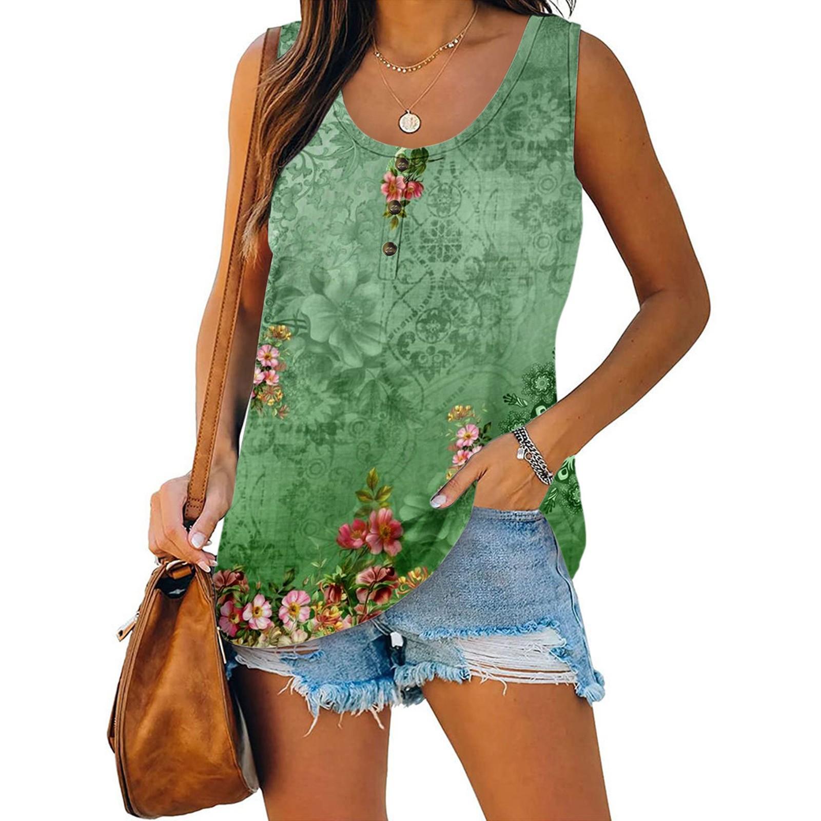 

Женская летняя повседневная футболка без рукавов с цветочным принтом и круглым вырезом, топы, блузка зелёный