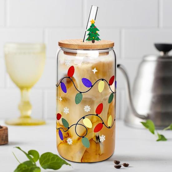 Color Changing Christmas Glass Cup with Lid Straw Brush Reusable Glass Iced Coffee Cup Cute Xmas Party Decorations for Mom Her