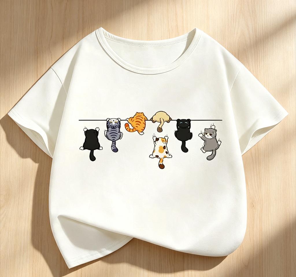 Climbing Cat Pattern Trendy Design Print T Shirts Short Sleeve Kids Children's T-shirt Boys Girls Summer Spring Casual Top Tee