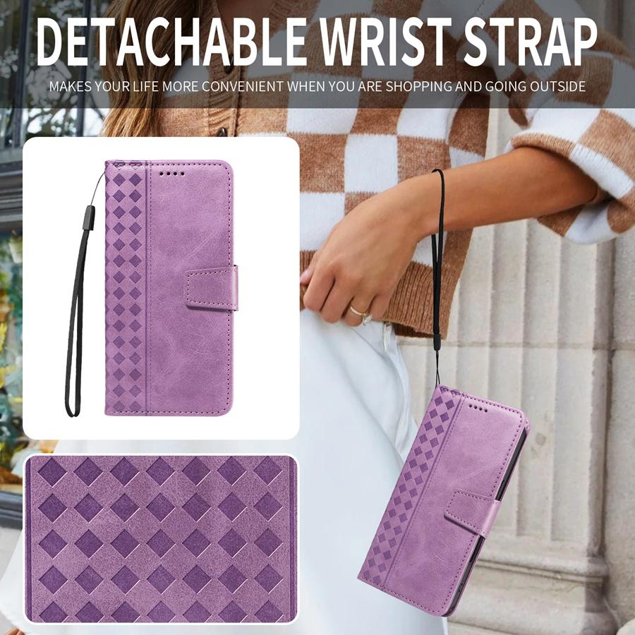 Solid Color Luxury Embossed Geometric Card Holder Wallet Case for iPhone/Samsung/Xiaomi Magnetic Buckle Phone Case Hand-strap Flip Cover