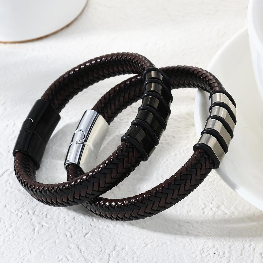 Retro Anti-static Stainless Steel & PU Leather Magnetic Weave Bracelet for Men