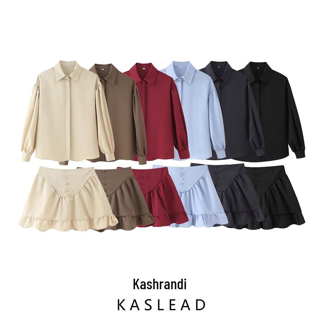 

Spring 2025 Women s Fashion: European & American Style Six-Color Turn-Down Collar Shirt with Ruffle Skirt Set Medium