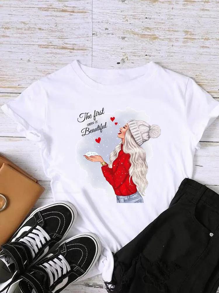 Christmas Womens Round Neck Short Sleeved Christmas Tree Reindeer Print Womens Loose Oversized Comfortable White Tshirt