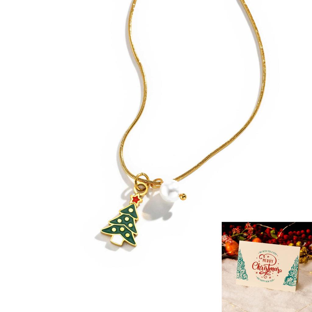 Dainty Christmas Tree Necklace for Women,Stainless Steel Snake Chain Imitation Pearl Necklaces,Fashion Christmas Jewelry Gift
