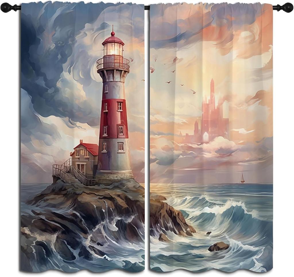 Nautical Lighthouse Rod Pocket Blackout Curta For Boy Girl Bedroom, Waves Seagull Blue Watercolor Art Thermal Insulated Home