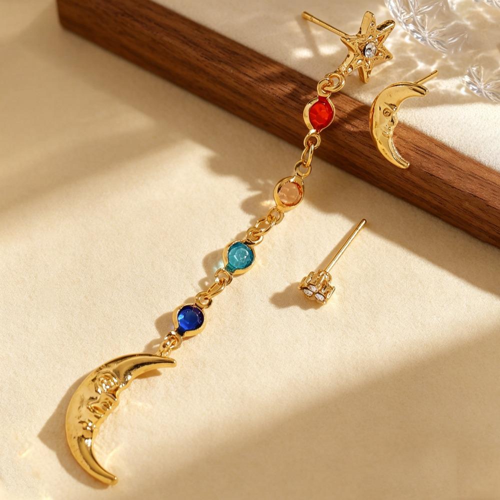 Fantasy Moon Star Colorful CZ Dangle Earrings Set Gold Tone Long Tassel Drop Stud Earrings Set for Women Face Slimming Jewelry