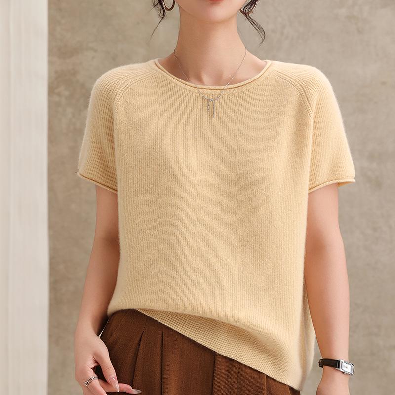 2026 Spring Women's Cashmere Wool Blend Rolled Collar Knit Half Sleeve Top