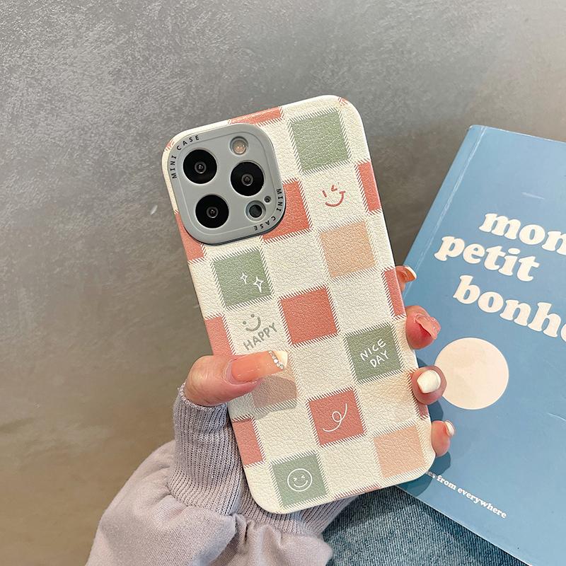 Fashion Plaid Cartoon Smiling Face Phone Case For Iphone 13 12 11 Pro Max X Xr 7 8 Plus Xs Max Back Cover Cute Soft Cases
