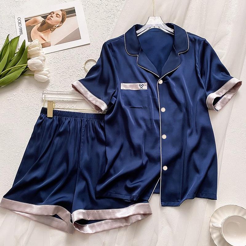 Premium Solid Color Short-Sleeved Ice Silk Pajamas Women'S Summer Wind Love Embroidered Loungewear