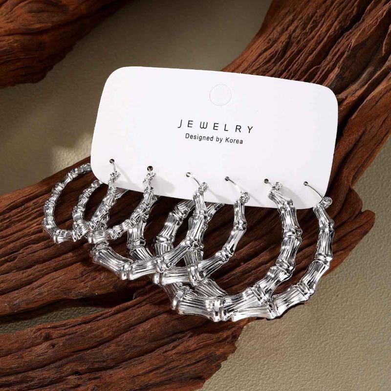 3 Paar Set Creolen Set Bambusförmige Runde Ohrringe Für Frauen Mädchen Gold Silber Farbe Legierung Hyperbel Party Schmuck