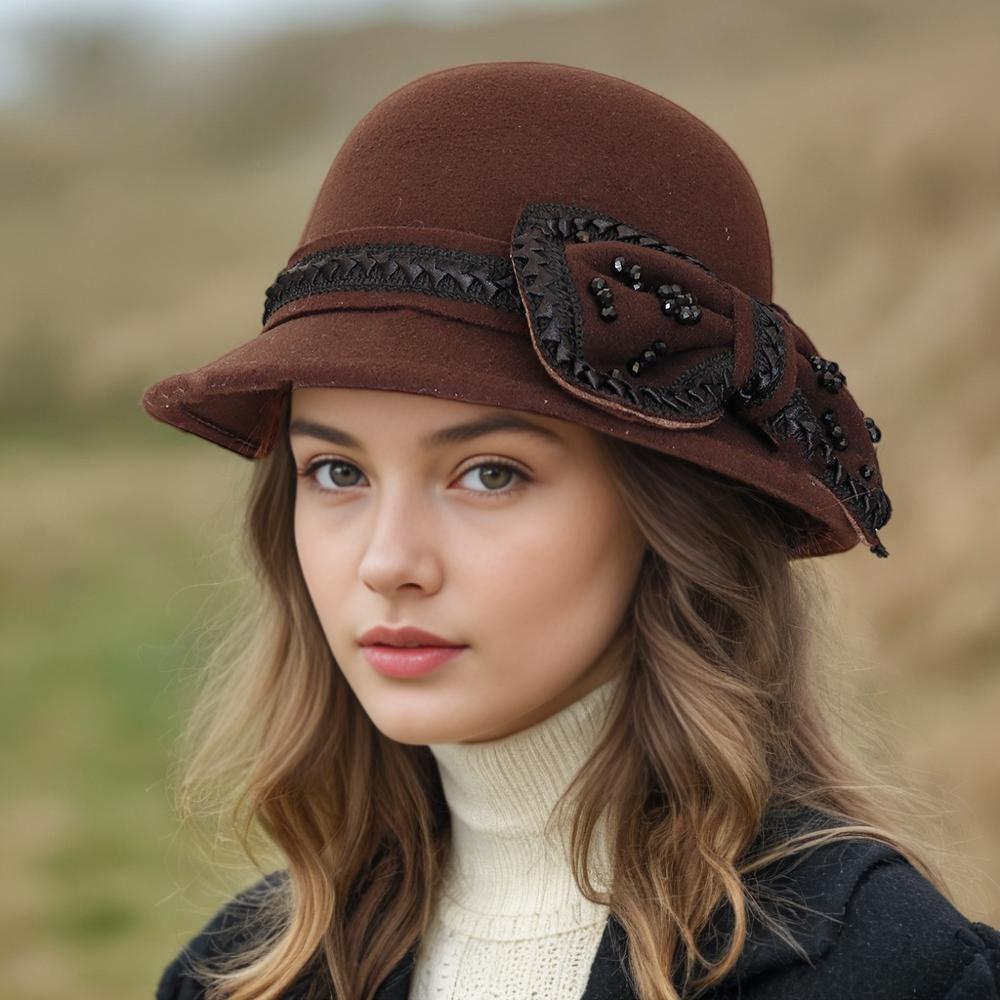 Bow Autumn and Winter Ladies Hat Wool Fashion Winter Top Hat Basin Hat Bucket Hat British Retro