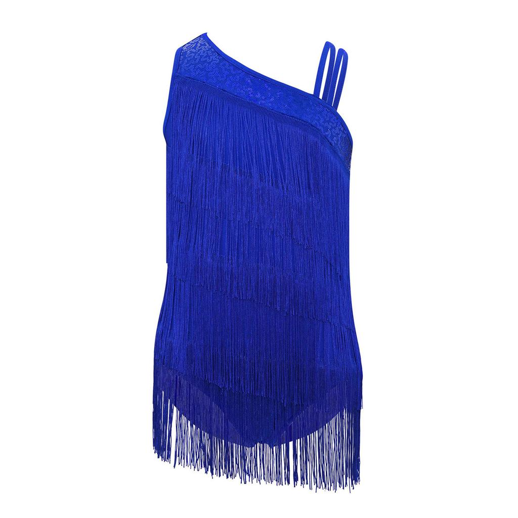 Mädchen Modernes Standardtanzkostüm Ärmellos Stufige Quasten Body Asymmetrisches Design Latein Salsa Tanzbekleidung