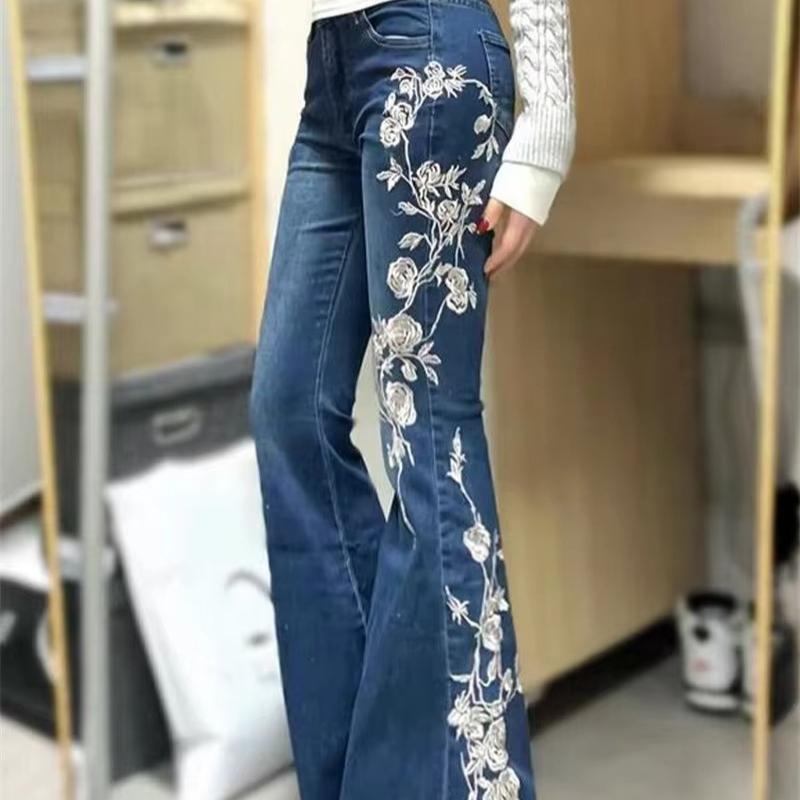 Mid Rise Retro Rose Embroidered Micro Flared Denim Pants Female Hot Girls, Slim Fit And Slimming, Flared Floor Pants