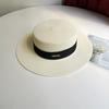 Luxury Elegant Women Summer Straw Hat Flat Top Boater Cap Folds Silk Pearl Decor Hand Weave Wide Brim Sun Hat Panama Fedora