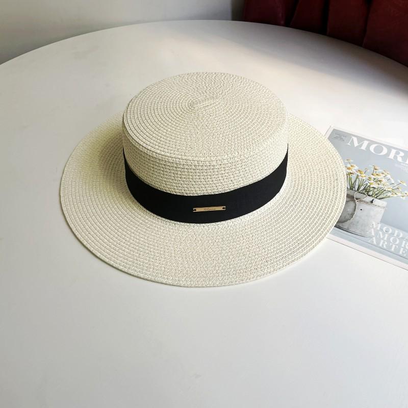 Luxury Elegant Women Summer Straw Hat Flat Top Boater Cap Folds Silk Pearl Decor Hand Weave Wide Brim Sun Hat Panama Fedora