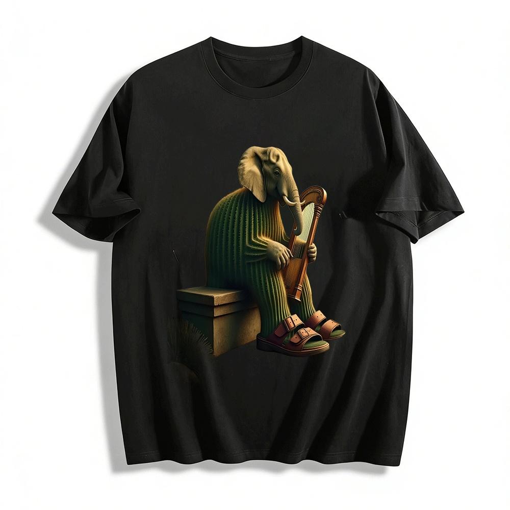

Cactus Elephant Playing Harp Graphic Casual Top Pure cotton T-shirt XXS