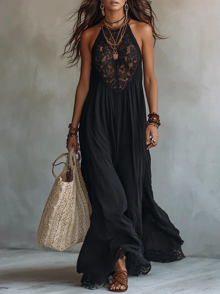 2026 European and American style, black lace splicing suspender long dress loose vacation style dress lace skirt S