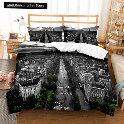 Stadtlandschaften King Queen Bettbezug Hohe Gebäude Landschaft Bettwäscheset Lebhafter Verkehr Ansicht Steppdeckenbezug Polyester Bettdeckenbezug