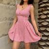 Damen quadratischer Ausschnitt Krawatten Träger Vichy Slim Fit Ausgestellt Mini Kleid Sommer Lässig A-Linie Kurzes Kleid