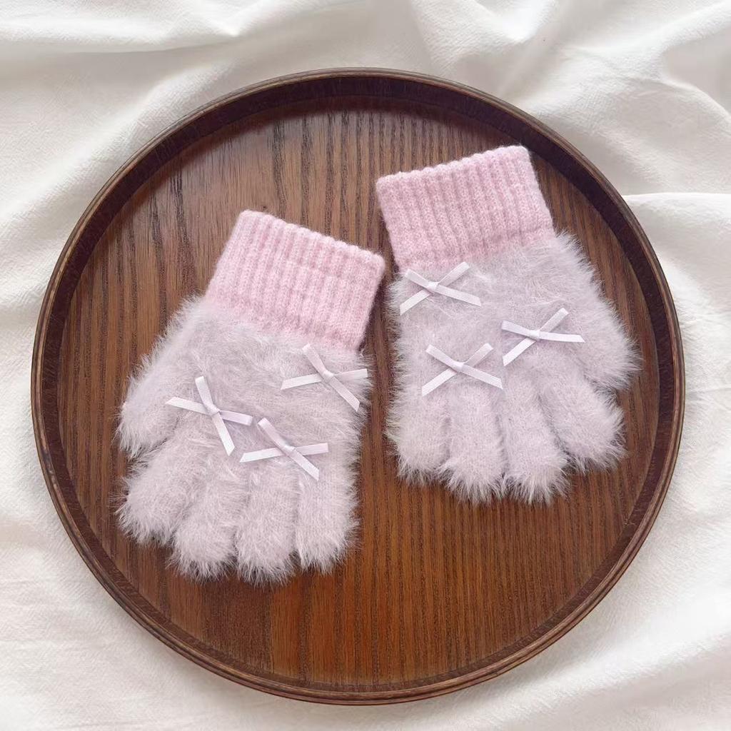 Rękawiczki z kokardą z futra królika Jesienno-zimowe dziecięce niemowlęce pogrubione ciepłe futrzane pięciopalcowe rękawiczki