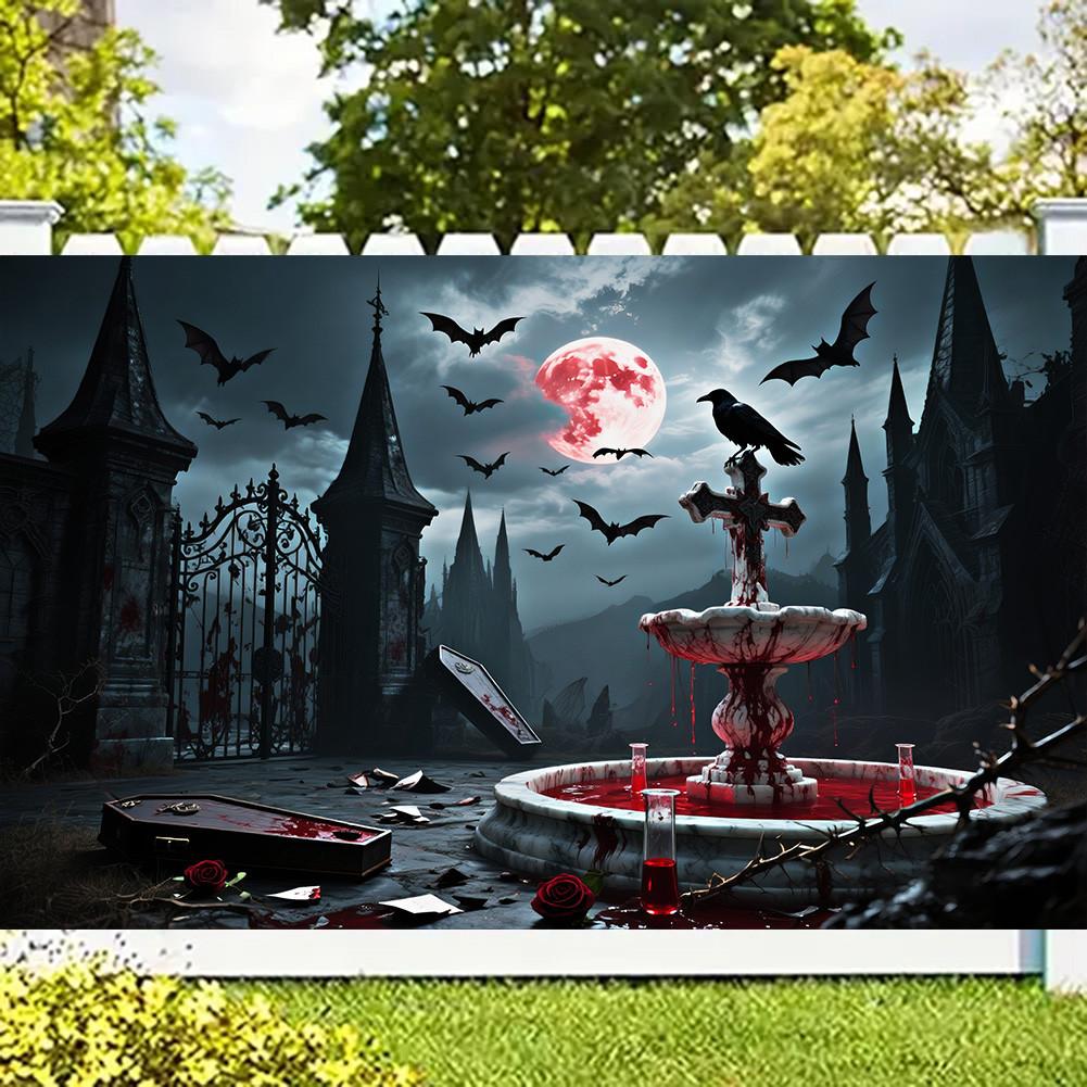 Red Full Moon,Crows,Castle,Bat Elements-Halloween Backdrop Tapestry for Party,Photography Booth,Festive Decor,Wall Decor