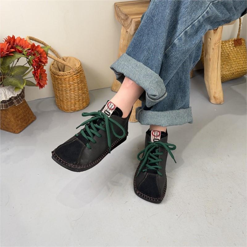 Johnature Genuine Leather Square Toe Retro Short Boots Lace Up Flat Bottom Women's Shoes