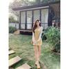 Elegant Yellow Strappy Dress & Cardigan Set - Women’s Slimming, Padded Waist-Cinched French Style