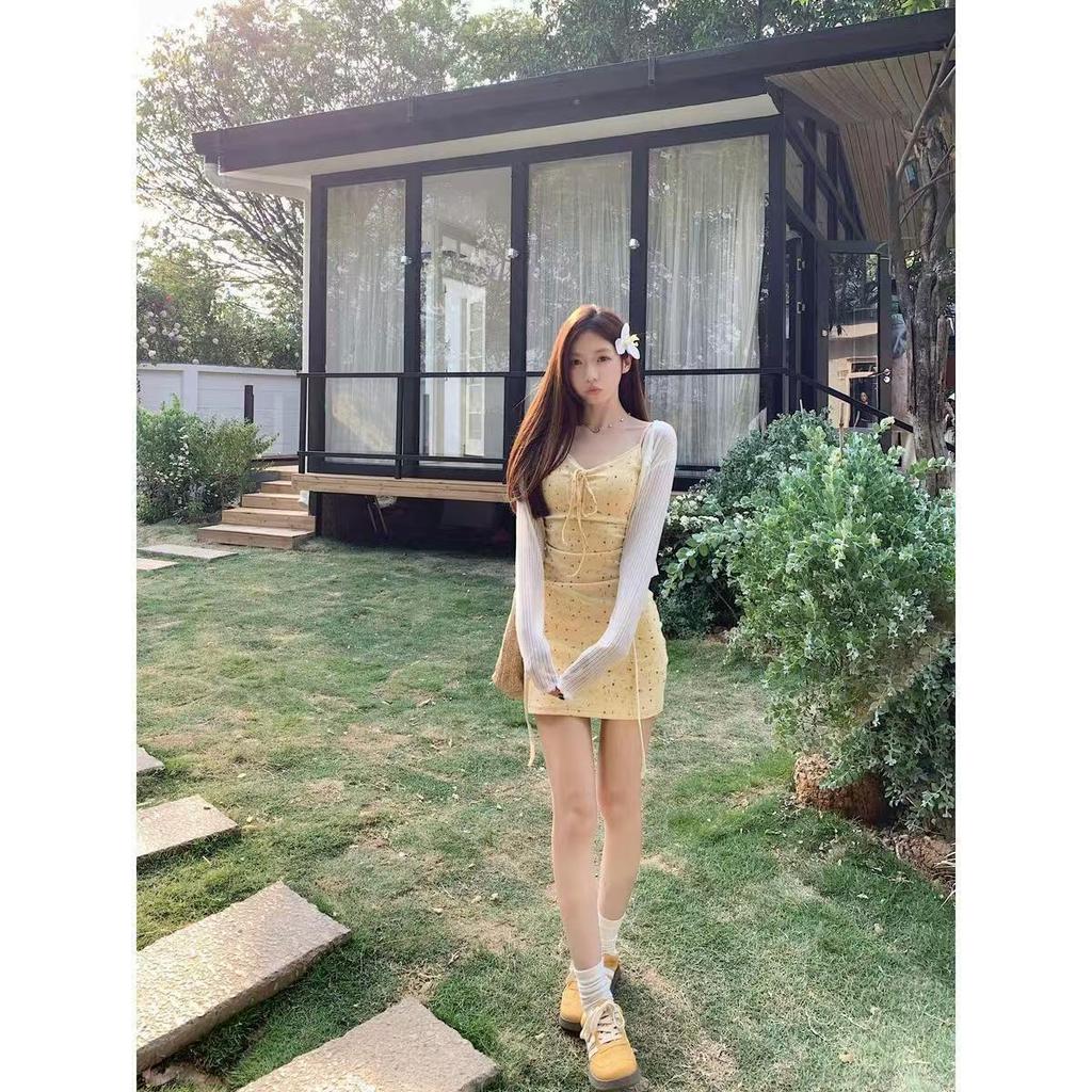 Elegant Yellow Strappy Dress & Cardigan Set - Women’s Slimming, Padded Waist-Cinched French Style