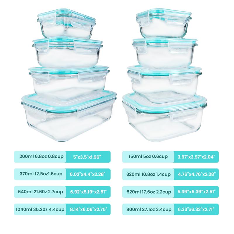 8pcs Glass Food Storage Containers Set Lunch Box Leakproof Airtight Microwave & Oven Safe Stackable Kitchen Organizers