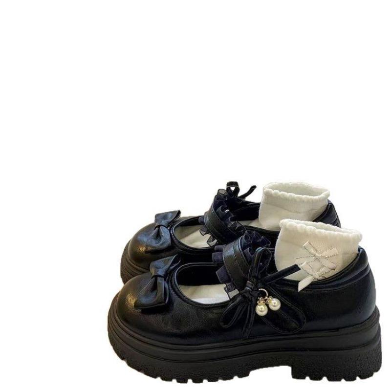 College style solid color bow spring new round head cute single shoes student small leather shoes