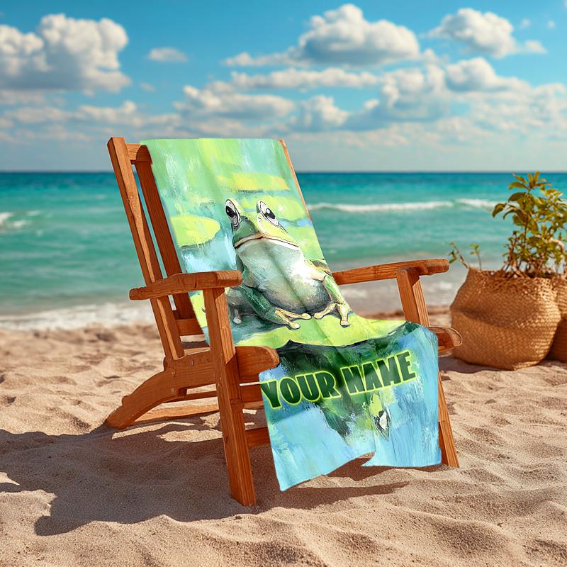 1PC Custom Name Frog Lily Pad Beach Towel Highly Absorbent And Sand-Resistant Towel for Swimming, Pool, Yoga, And Travel Lightweight