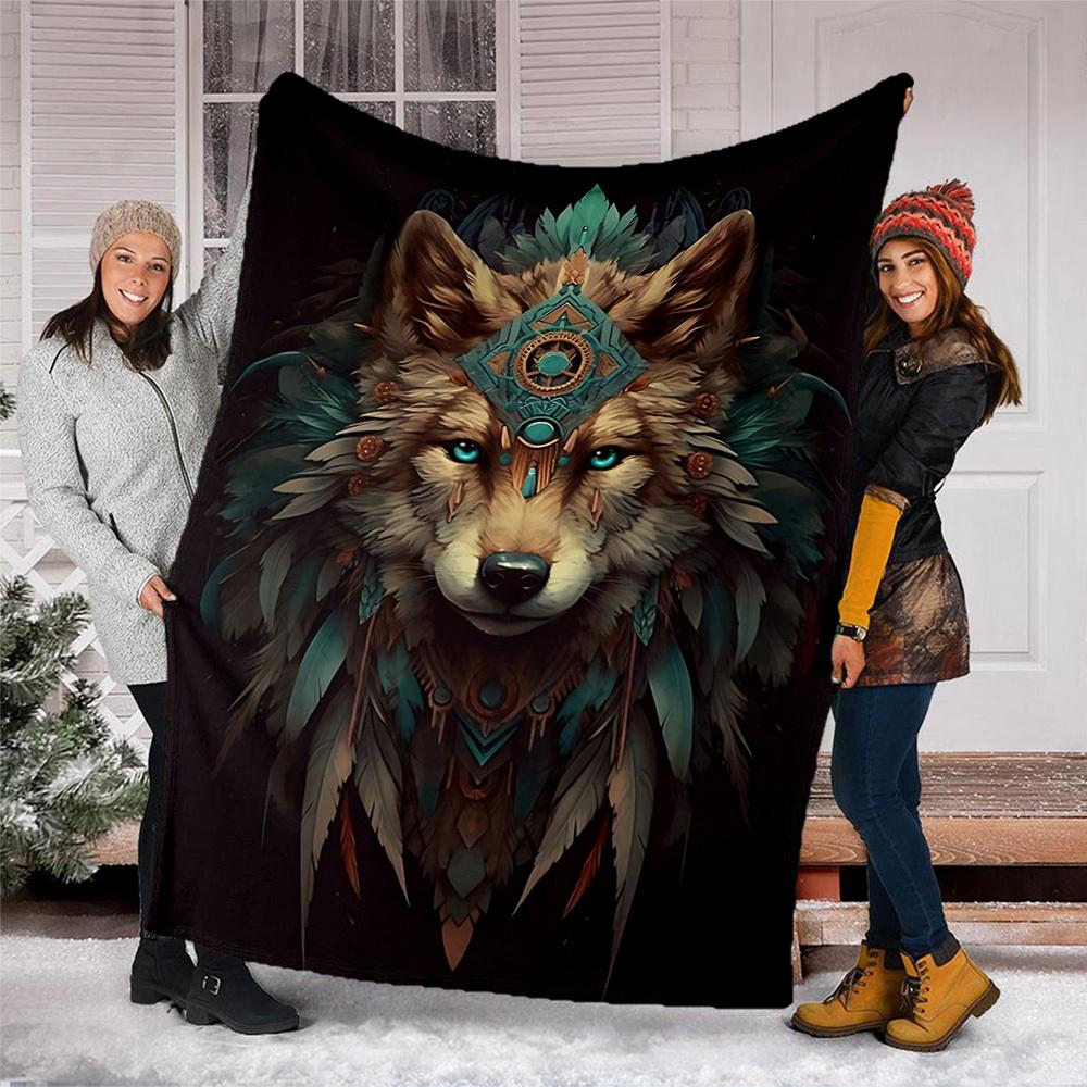 1pc Wolf Spirit Feather Throw Blanket Polyester Fiber, Lightweight Flannel, Soft & Warm, All Season Use for Outdoor, Camping Digital Print