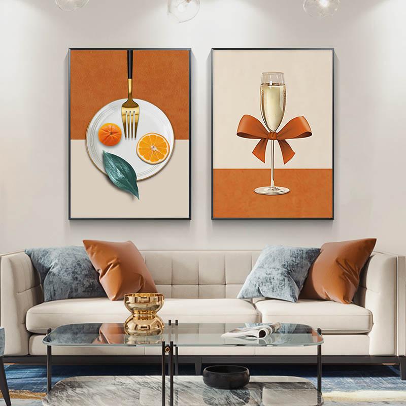 Solid Wood Frame Abstract Wine Glass Orange Fork Plate Bow Restaurant Tableware Canvas Painting for Living Room Restaurant Decoration