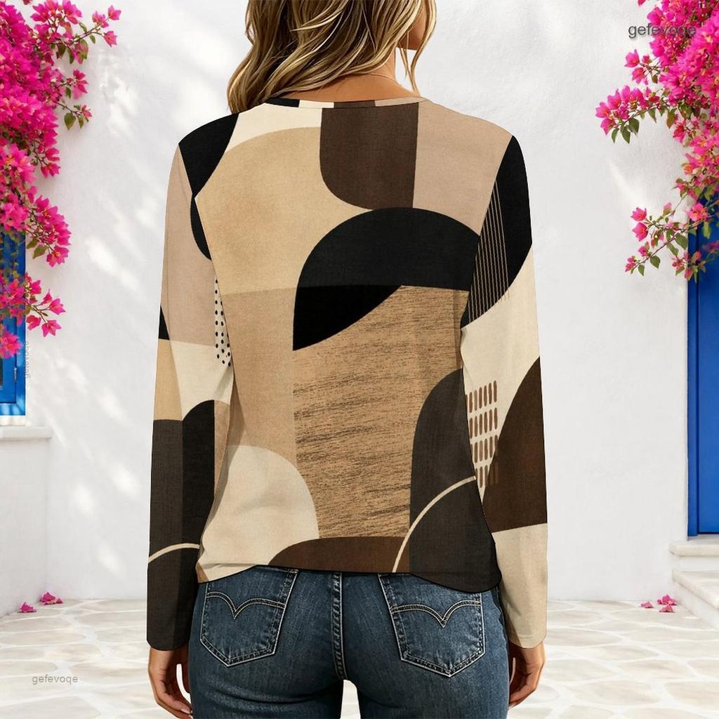 Women Plus Size V Neck Long Sleeve Abstract Printed Top Eyelet Chain Lace Up Detail
