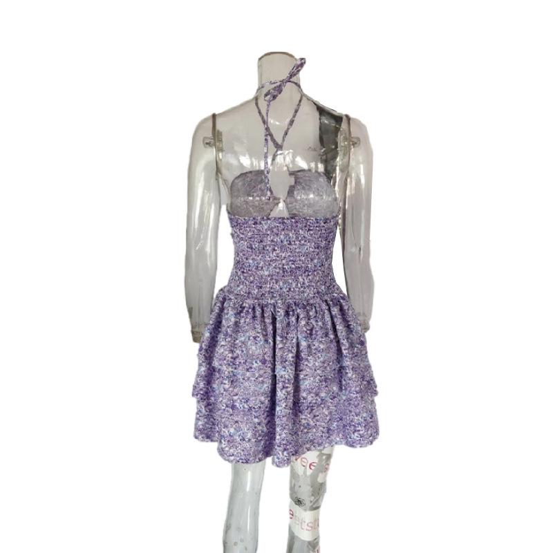 Summer 2025 Women's Strapless Floral Tie-Up Spaghetti Strap Mini Dress