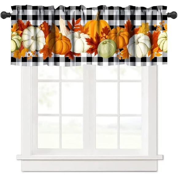 Farm Fall Window Valance, Thanksgiving Pumpkins Autumn Leaves Vine Windows Curtain Valance for Kitchen Dining Room Canteens Home Decor, One Panel
