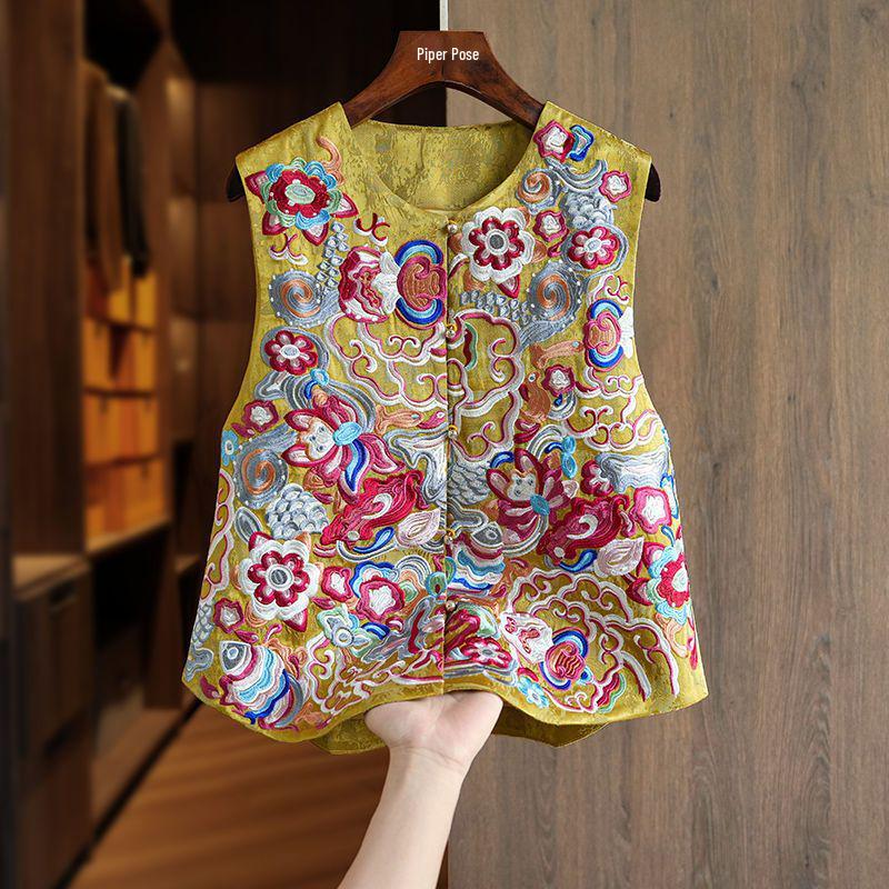 

2025 Spring Ethnic Retro Embroidered Satin Stand-Up Collar Waistcoat with Pearl Buttons L