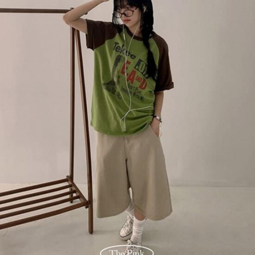 The Pink Kio Oversized Raglan Color Blocking PrinT T shirT