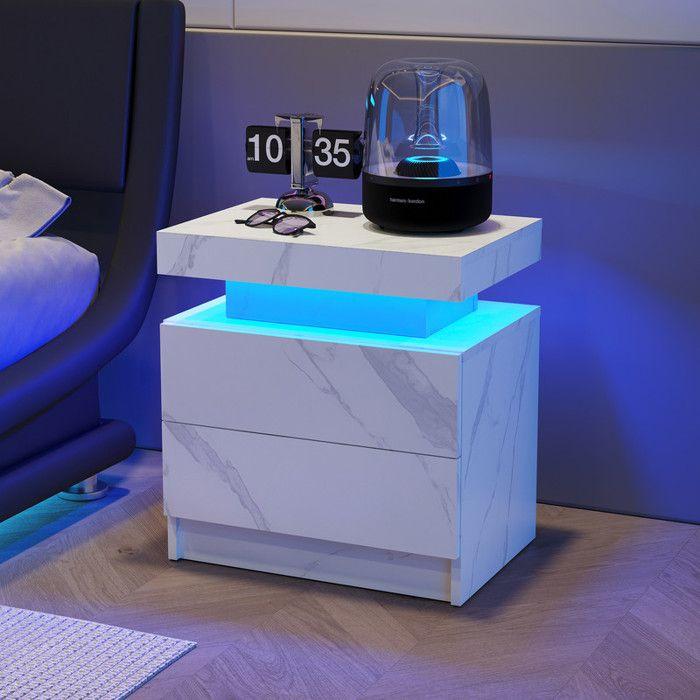 Table De Chevet LED - MUVOE - Blanc - 2 Tiroirs - Espace De Rangement - Design Moderne