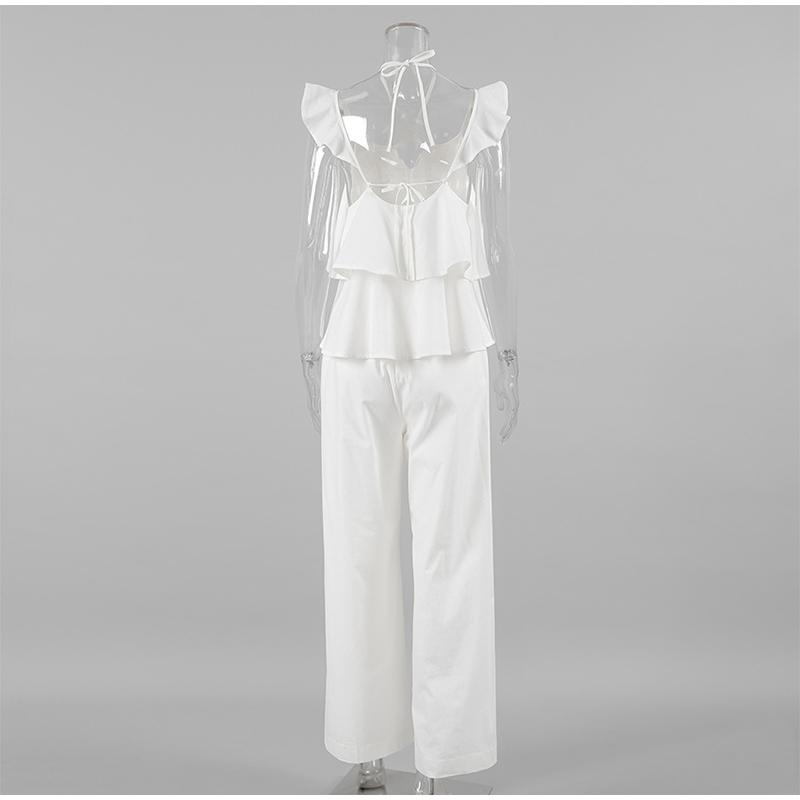 Casual White Cotton and Linen Women's Suit Fashion Fly Sleeve Tops Wide-leg Pants Solid Color Two-piece Suits