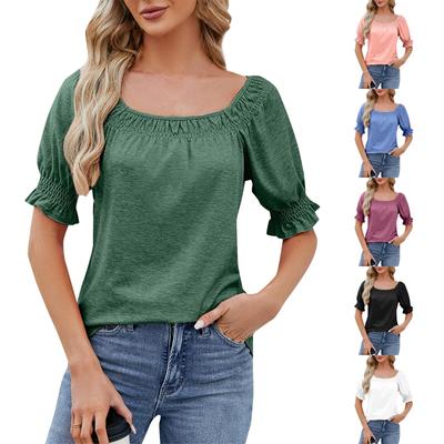 Moda feminina casual solta cor sólida manga quadrada gola camiseta manga curta top