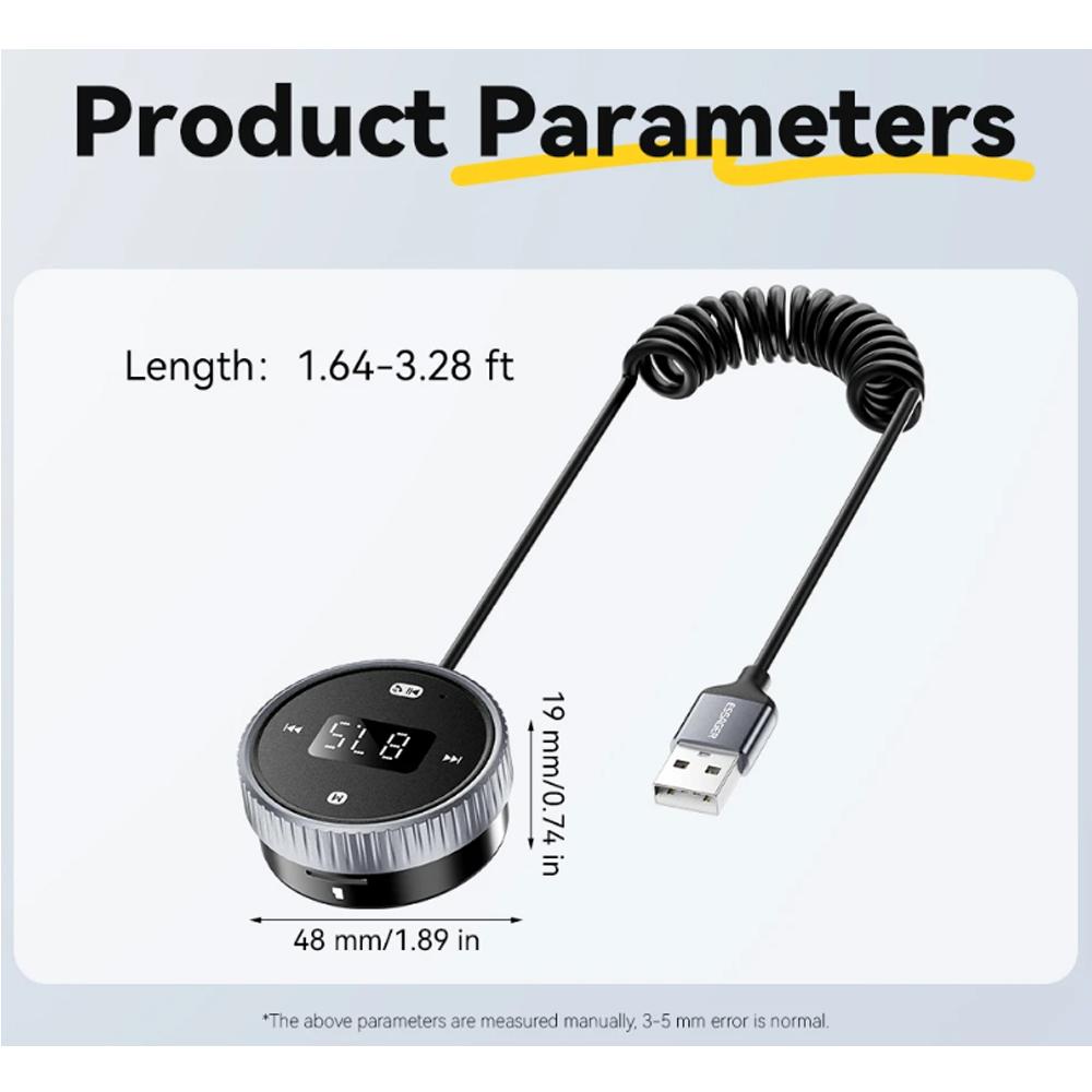 Essager Car Bluetooth 5.3 FM Transmitter Built-in Mic Handsfree LED Display 3.5mm AUX Adapter MP3 Music Player With TF Card Slot