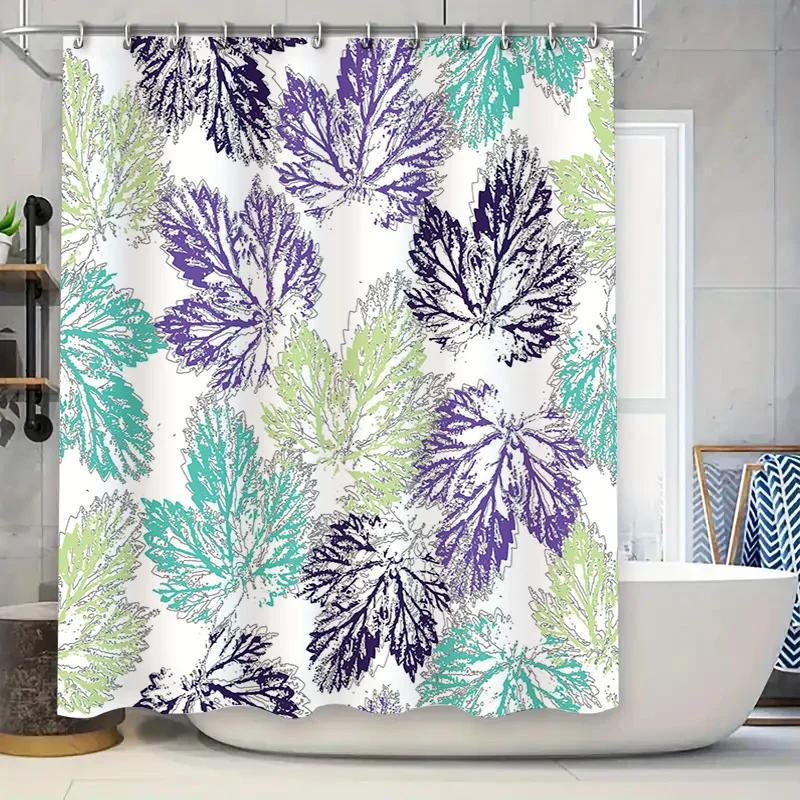 Floral Leaf Shower Curtain SetWaterproof Printed Bathroom Decor Greenery Purple White Blue Floral Print Polyester Bath Liner 72x W90xH180cm
